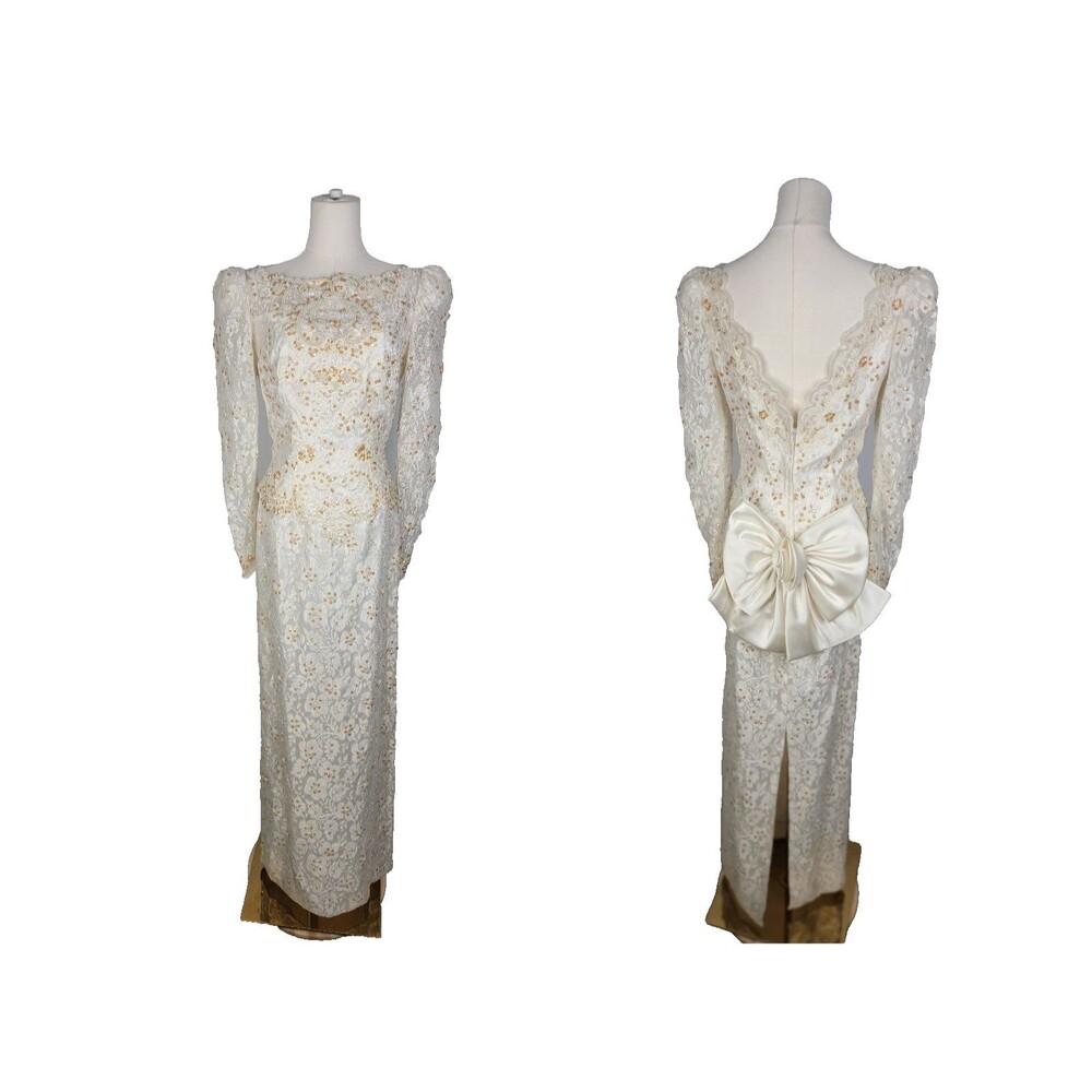 Nina Bellucci Beaded Lace Wedding Gown Ivory Open Back Bow Dress Sz 10 (Sm/Med) - Picture 1 of 16